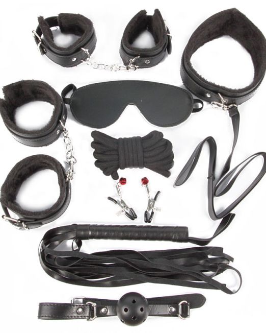 35-NTB-80330 КОМПЛЕКТ (наручники, оковы, маска, кляп, плеть, ошейник с поводком, верёвка, зажимы для