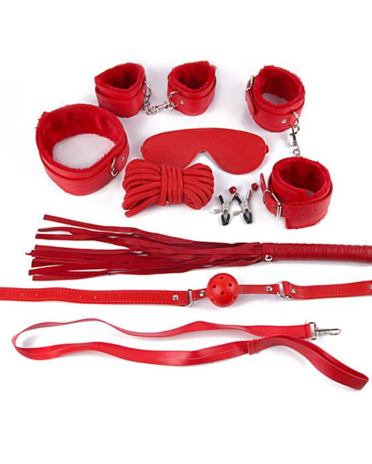 КОМПЛЕКТ (наручники, оковы, маска, кляп, плеть, ошейник с поводком, верёвка, заж